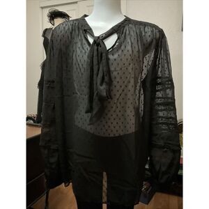 Ann Taylor Womens Sheer Blouse Black V Neck W Tie Accent, Embroidered L Sleeve M